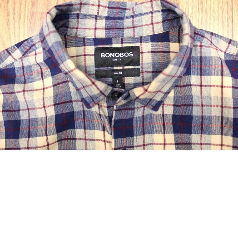 BONOBOS SLIM FIT SHIRT SOFT WASH COTTON/SPANDEX TAN, NAVY & DARK RED Sz LARGE, L